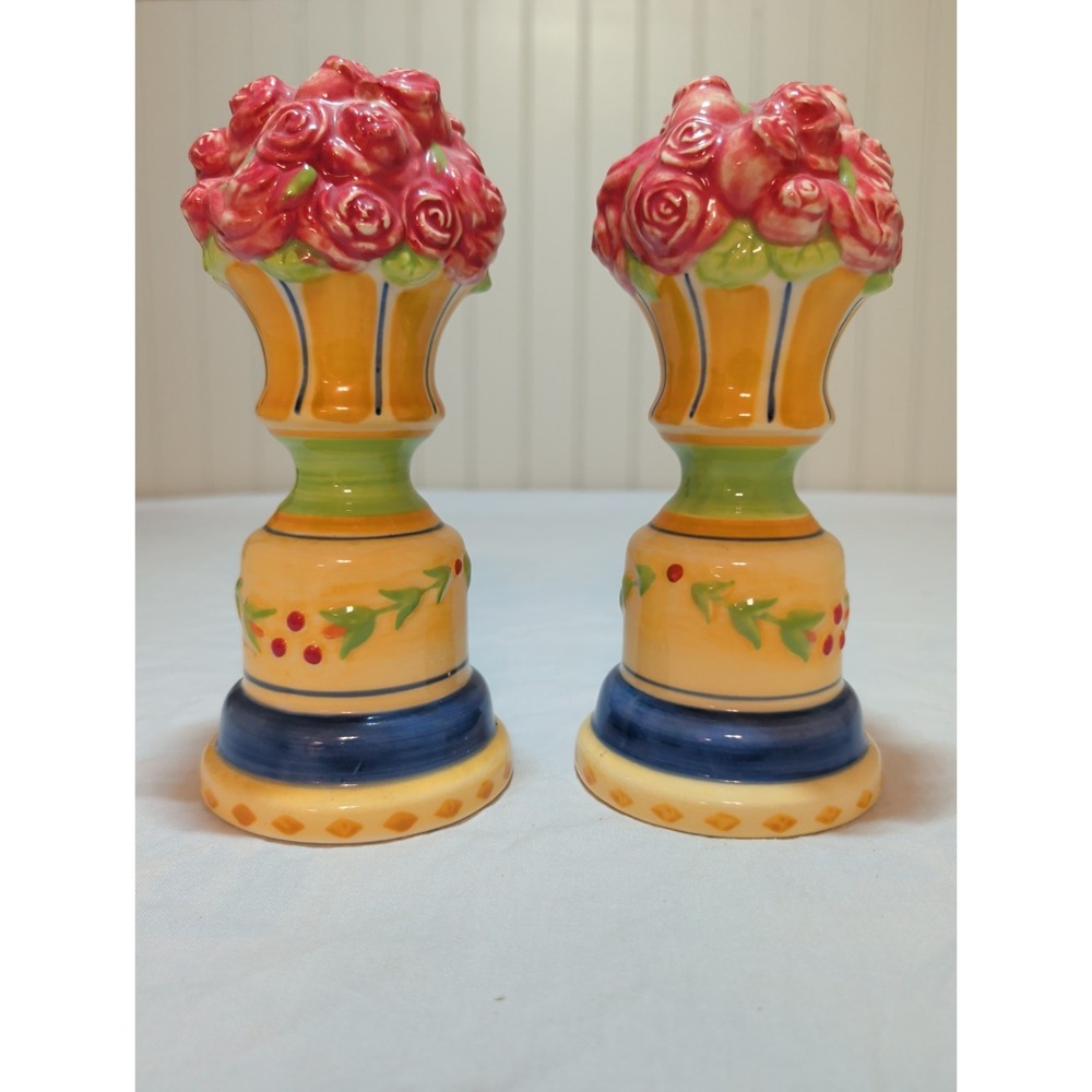 Pfaltzgraff Jade Flower Ceramic Candlestick Holders Pair Rose Flowers Cluster
